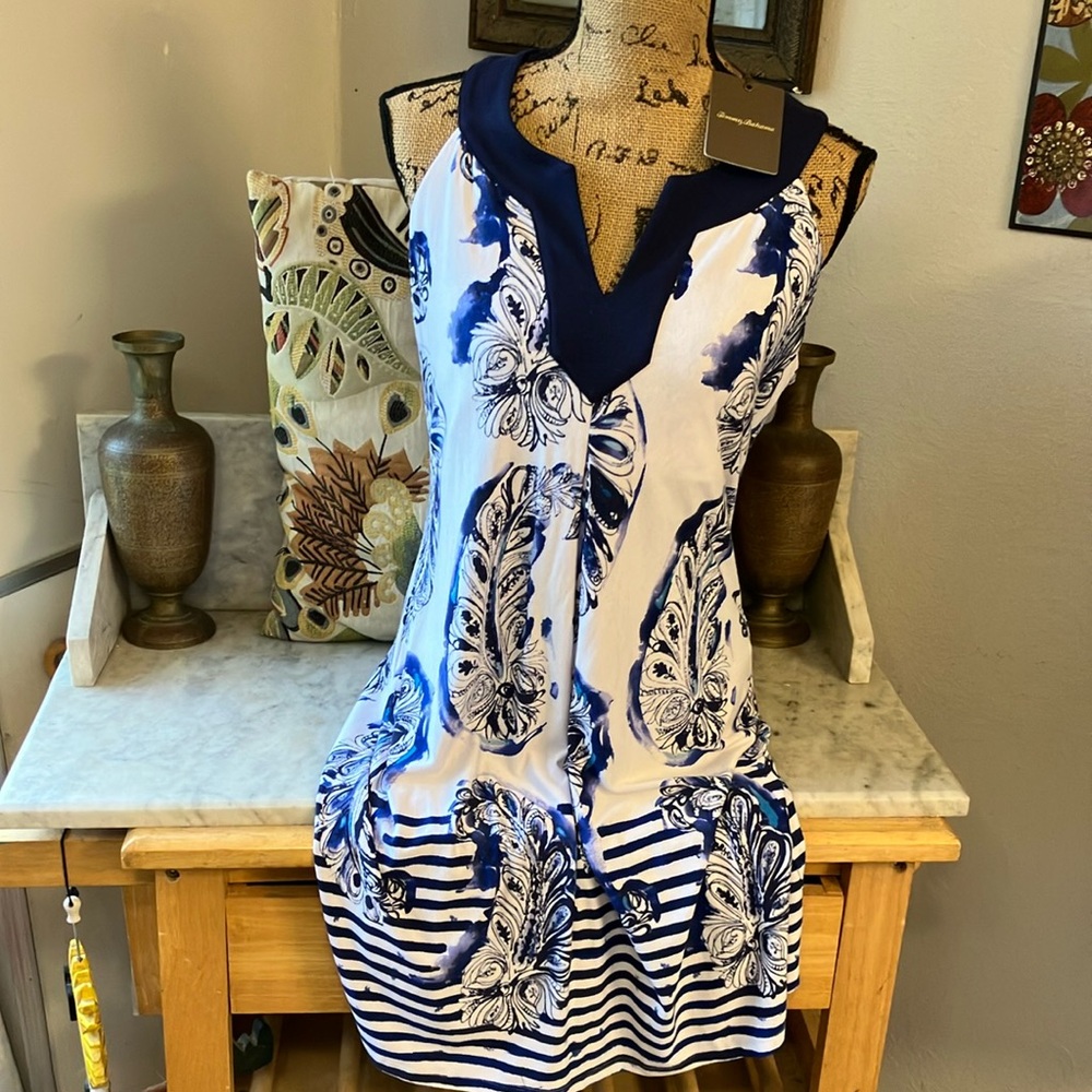 Tommy Bahama Navy and White Dress Fabulous Look Great Feel And New With Tags L!